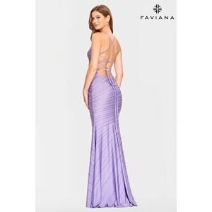 New Faviana Sz 8 Lilac Purple V Neck Prom Dress With Beading Lace Up Corset Back
